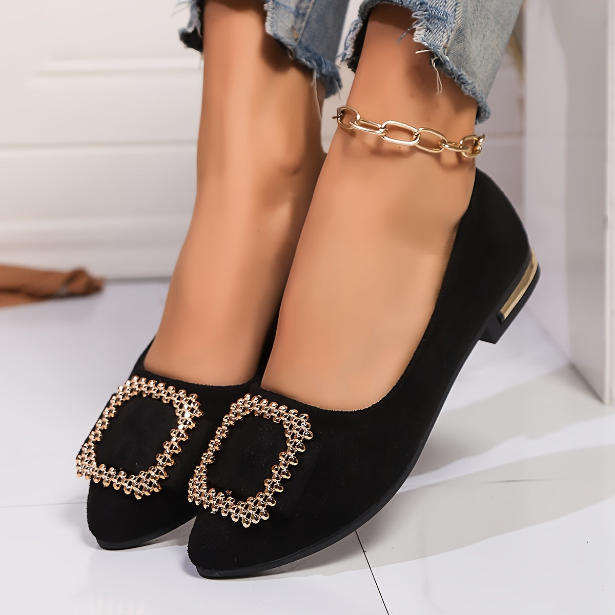 Women's Slip-On Flats with Pointed Toe Sparkling Buckle Lightweight Fabric Spring Shoes