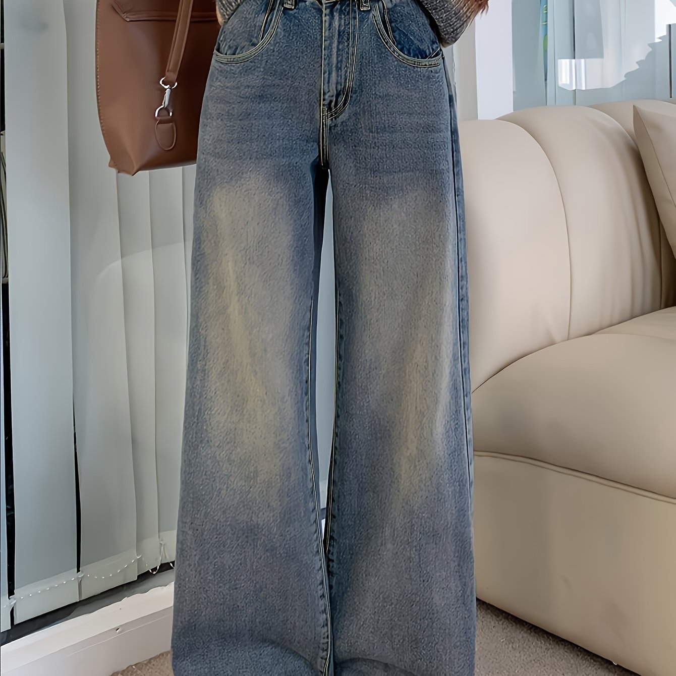 Women High-Waist Wide-Leg Denim Jeans Light Blue Casual Slimming