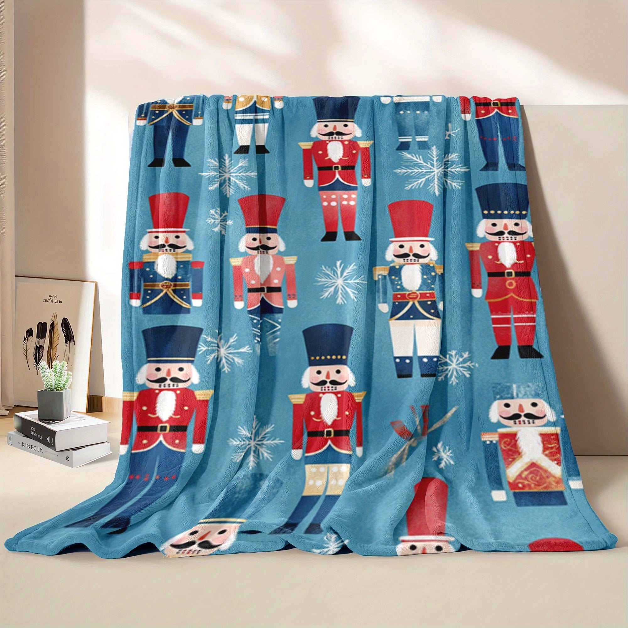 Cozy Flannel Throw Blanket with Cartoon Nutcracker Pattern for All Seasons Quilted Polyester Warmth