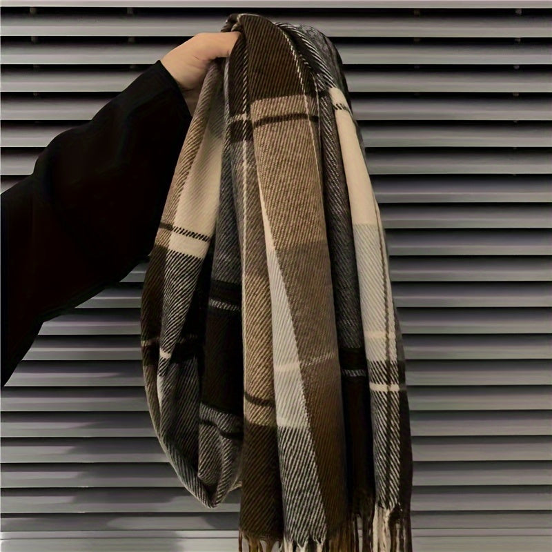Men's Warm Fringe Hem Plaid Scarf for Winter Cold Weather Accessories
