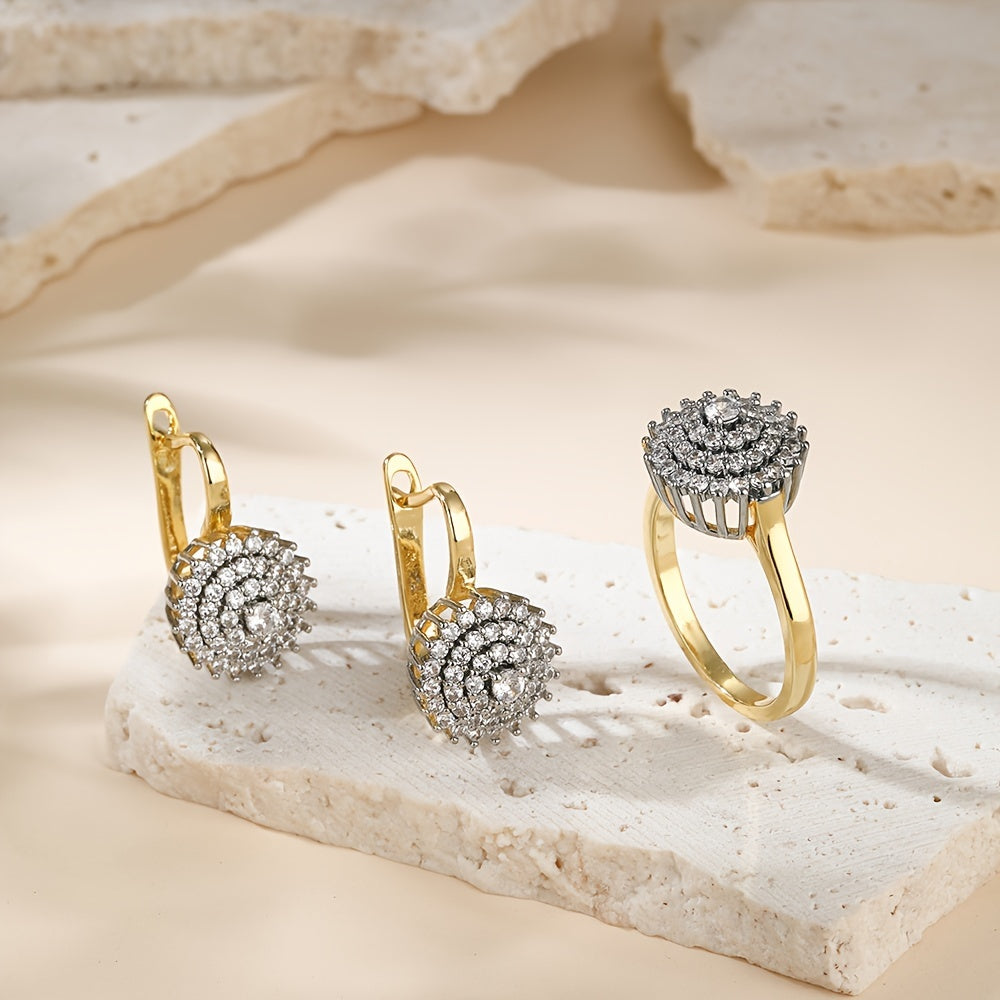 Gold-Plated Jewelry Set Earrings and Ring with Cubic Zirconia for Women