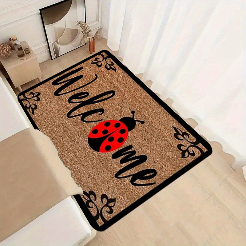 Ladybug Print Door Mat Non-Slip Polyester Entryway Rug 1.1cm Thick Washable