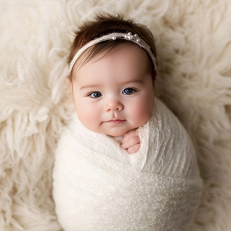 Baby Girl Knitted Wrap Set with Pearl Hair Accessories for Christening and Photography
