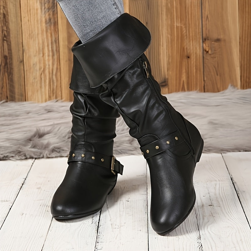 Women’s Knee-High Fashion Boots Leather Riding Flat Heel Solid Color