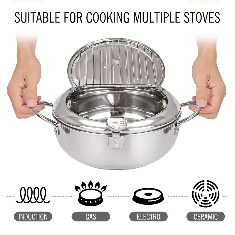 Stainless Steel Deep Fryer Pan with Thermometer 7.9 Inch Japanese Tempura Pot for French Fries Shrimp Chicken Wings