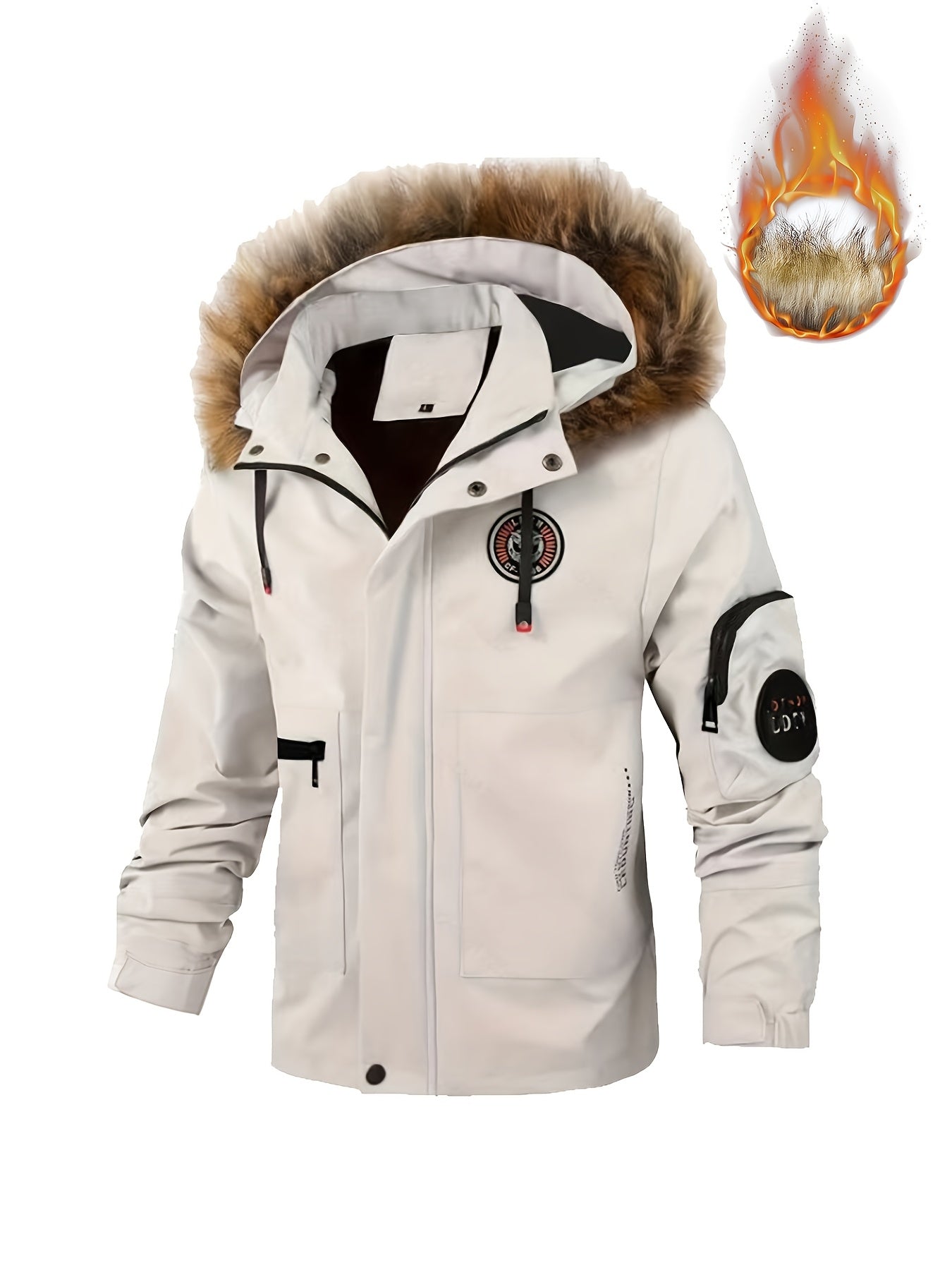 Chaqueta de vuelo de invierno para hombre talla plus, en rojo, con capucha desmontable, ribete de piel sintética, bolsillos, para exteriores y uso casual