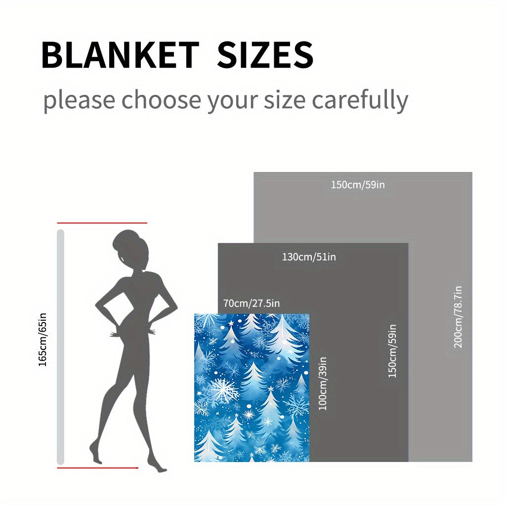 Blue Snowflake and Pine Tree Flannel Blanket Lightweight Plush Cozy for Winter