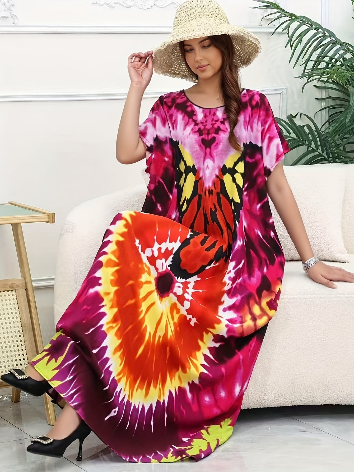 Plus Size Women's Tie-Dye Beach Cover-Up Long Tunic with Floral Patterns