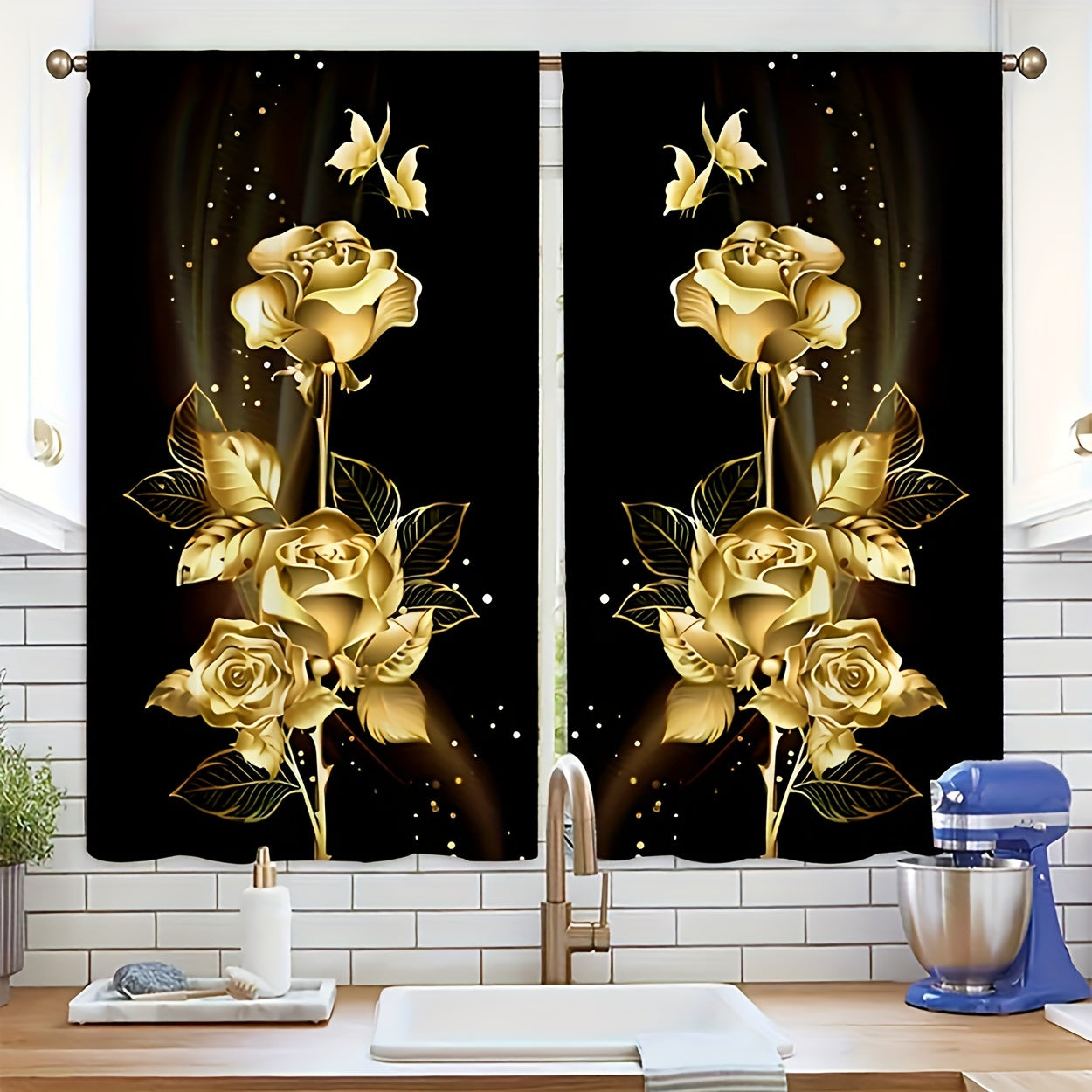 Semi-Transparent Polyester Curtains with Golden Roses and Butterflies for Living Room or Bedroom