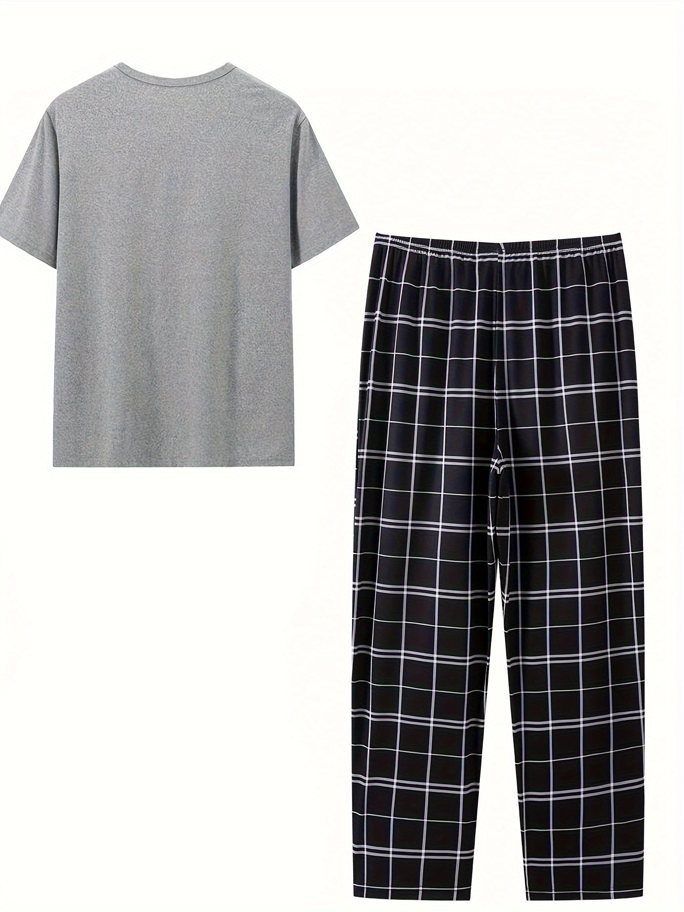 Men's Polyester Pajama Set with Gray Short Sleeve Tee and Checkered Long Pants