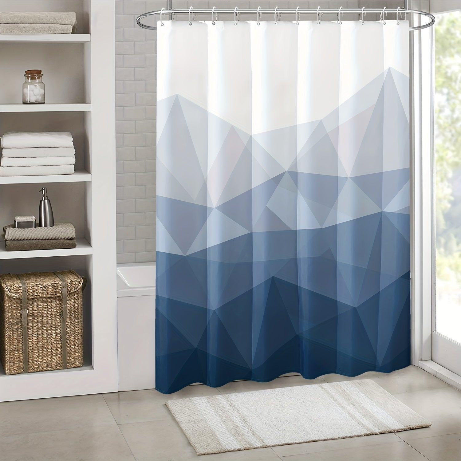 Blue Gradient Geometric Pattern Shower Curtain Waterproof Polyester with 12 Hooks for Bathroom or Hotel