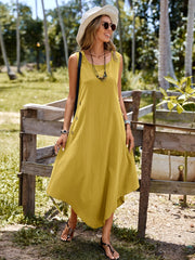 Women's Sleeveless Polyester A-Line Dress with Asymmetrical Hem and Fake Buttons for Summer