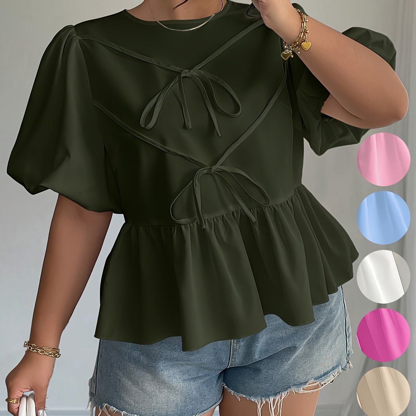 Plus o'lcham ayollar uchun kundalik bluzka, rufflesli etak, bog'lamli old qism, chiroyli shamlarga ega, bir xil rang