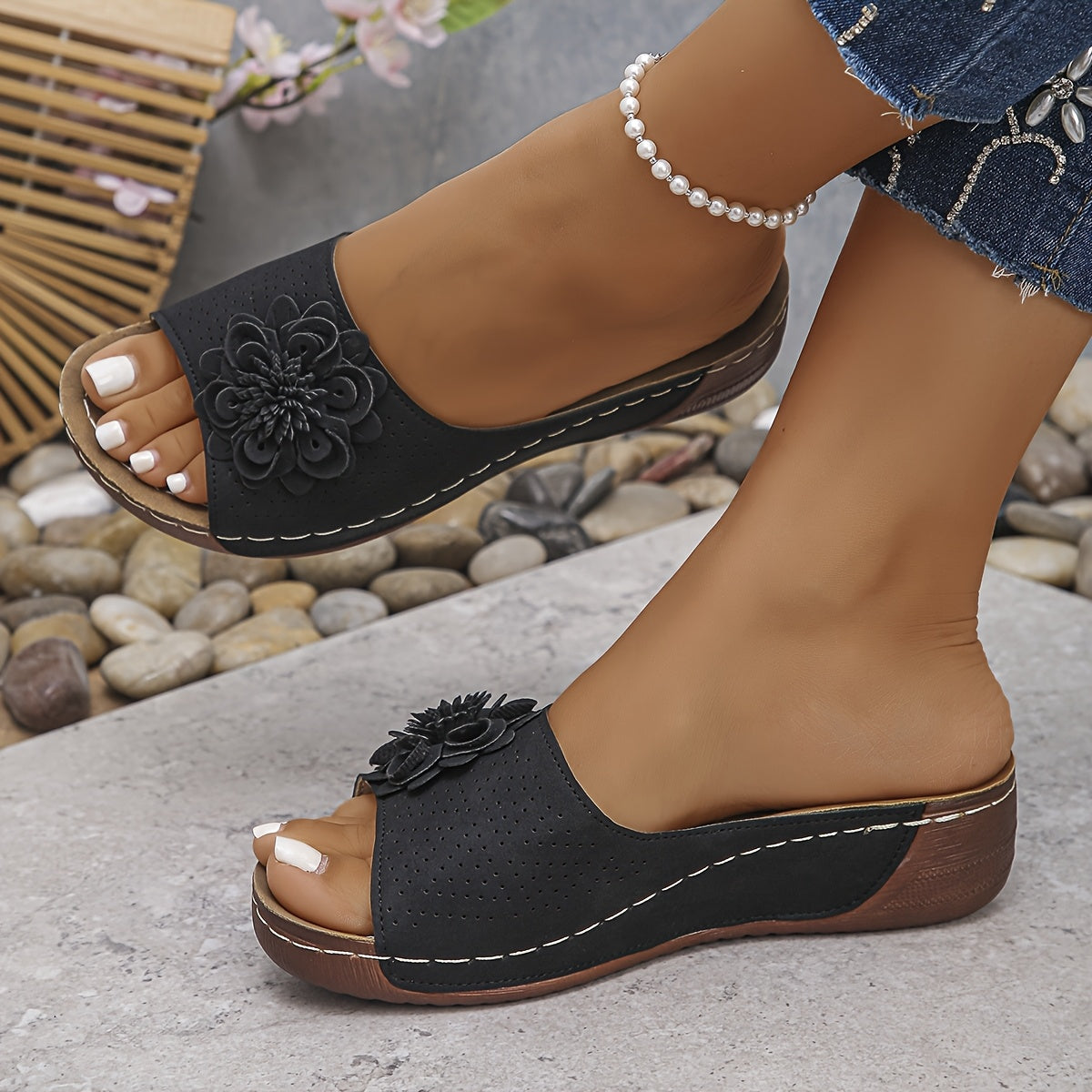 Women Wedge Sandals Floral Embellishments Open Toe Slip-On Beige Black