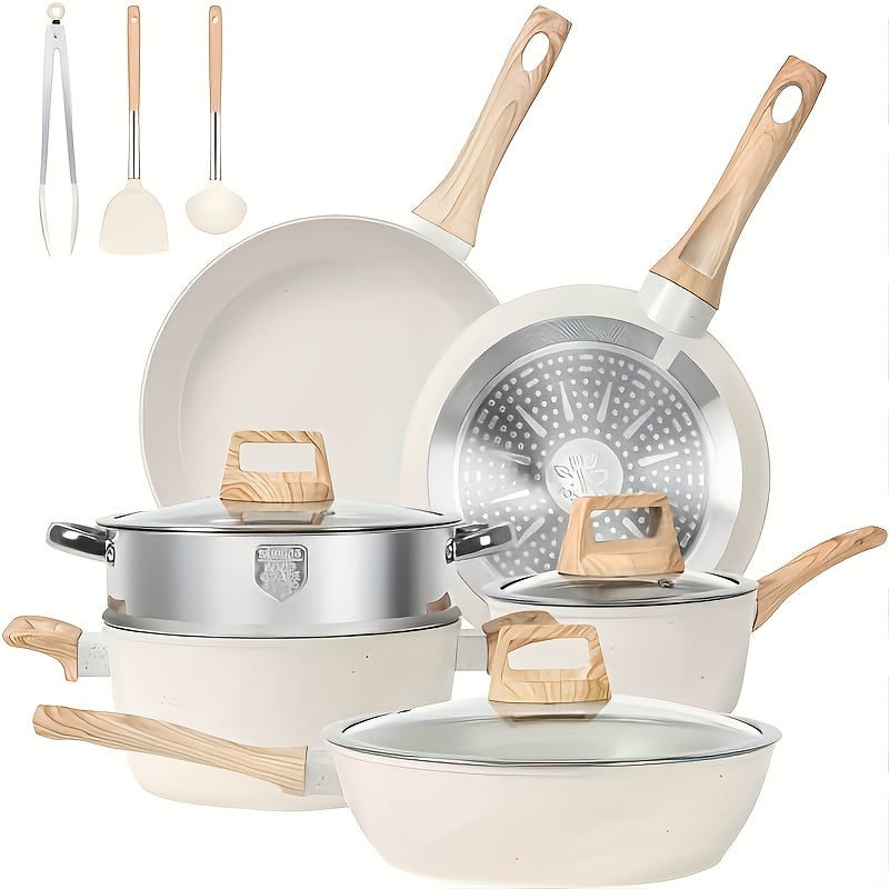 Non-Stick Cookware Set 12 ta alyuminiy qozon va panadan iborat bo'lib, induksiya bilan pishirish uchun mos. Ular mashinada yuvish va pechga chidamli, va ajraladigan tutqichlar bilan ta'minlangan. Muhim pishirish uskunalari to'plami.