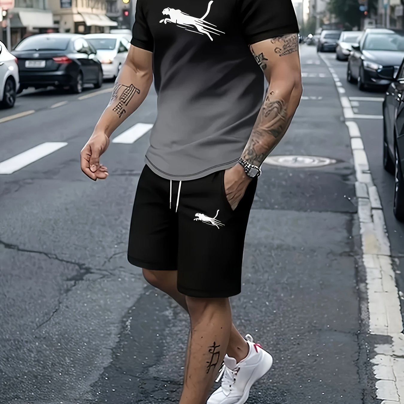 Men's Summer Casual Print Polyester Short Sleeve Sports Suit