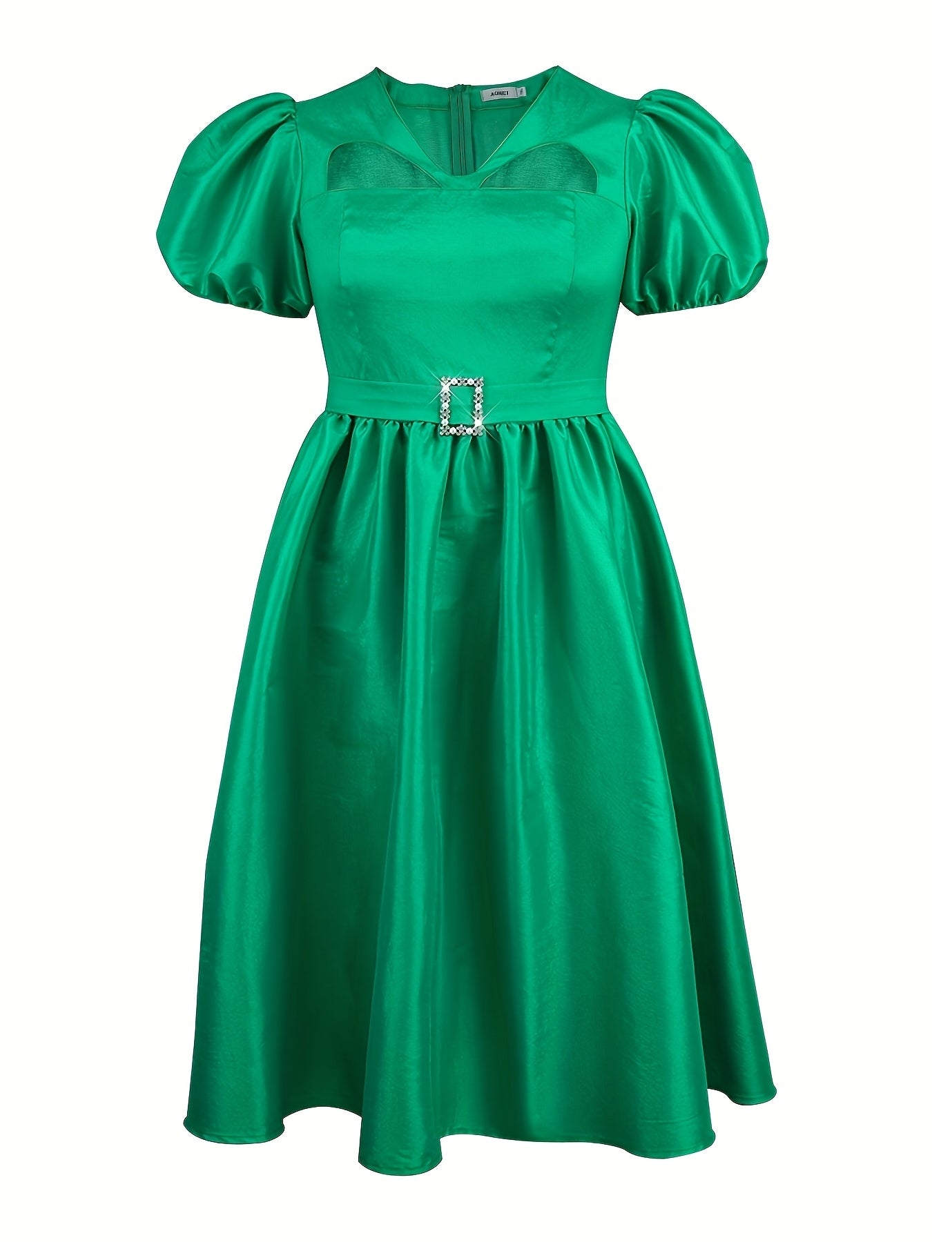 Women's A-Line Midi Party Dress V-Neck Puff Sleeves Belt Solid Color