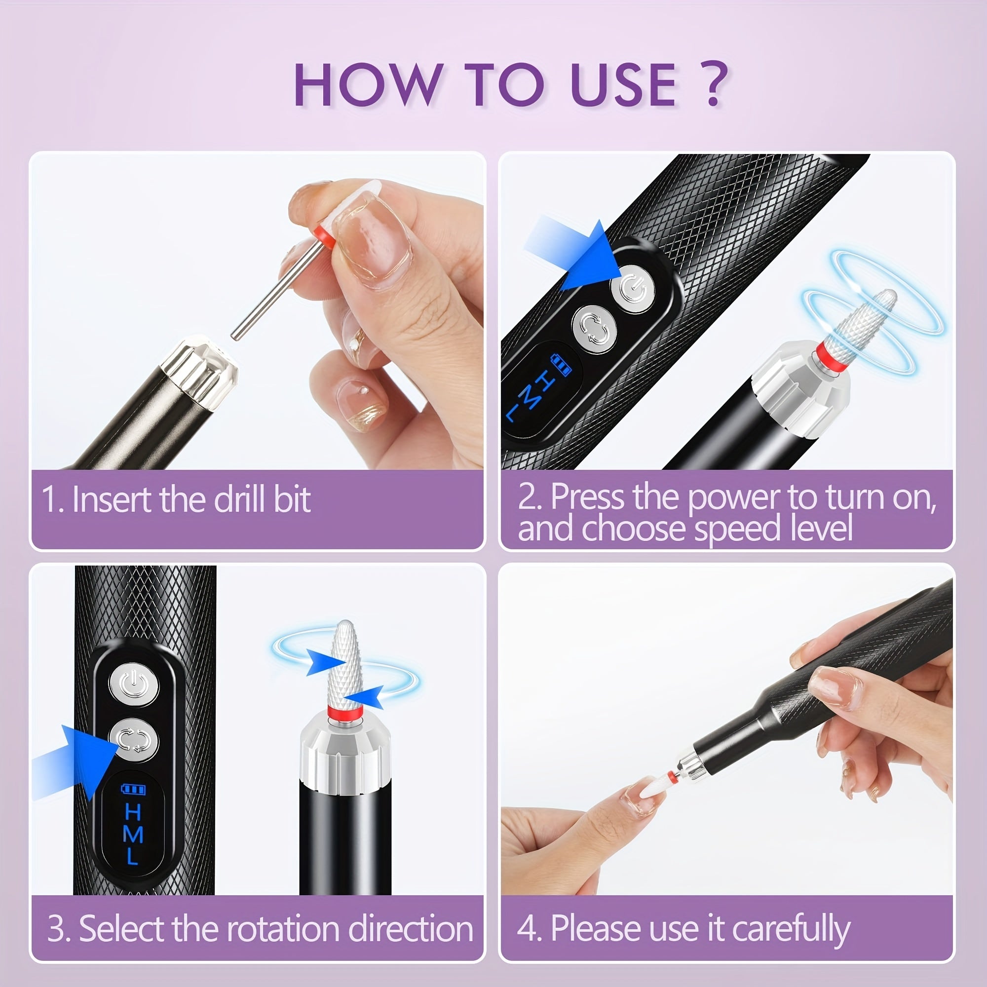 Cordless Electric Nail Drill Kit for Acrylic and Gel Nails with Multiple Grinding Heads for Professional and Home Use