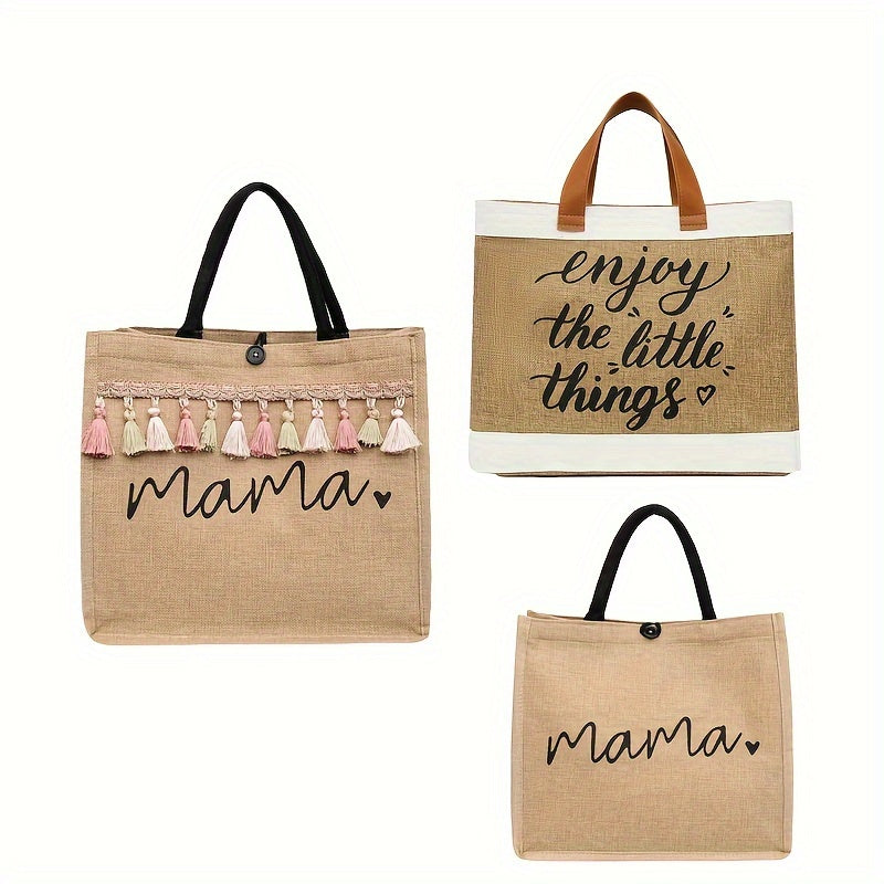 Linen Shoulder Bag for Women with Letter Print Spacious Travel and Shopping Bag