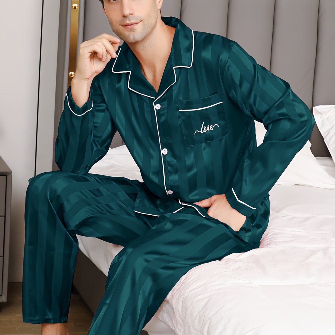 Men's Autumn Ice Silk Pajama Set Long Sleeve Top and Pants Casual Sleepwear
