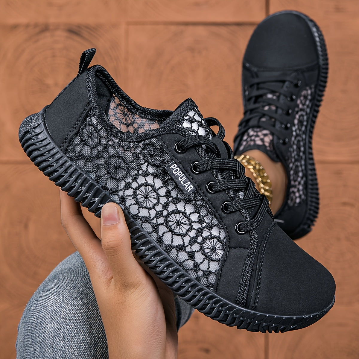 Женские кроссовки на весну/лето из сетки и кружева, широкая посадка, дышащая резиновая подошва
