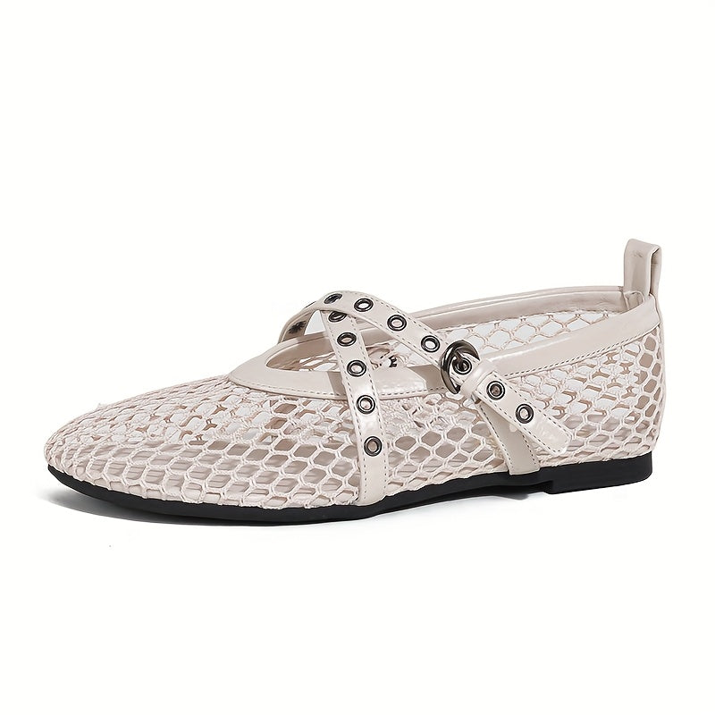 Women's Summer Mary Jane Flats Mesh Cross-Strap Solid Color Round Toe