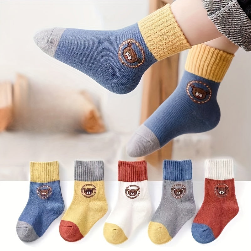 Unisex Bear Pattern Crew Socks for Girls Kids Fall Winter Breathable Thermal 5 Pairs