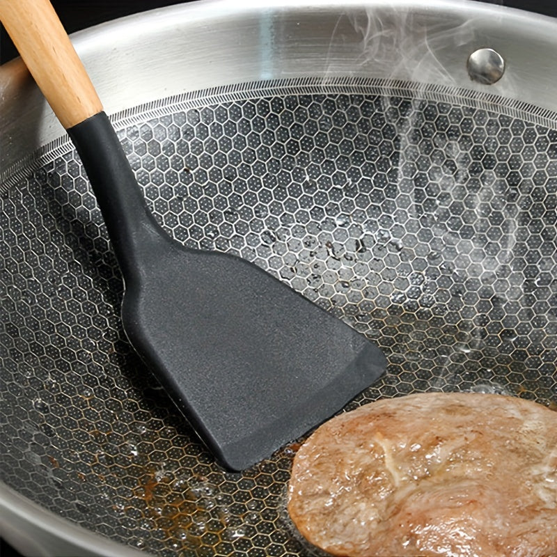 12 ta silikondan va yog'och tutqichli oshxona asboblari to'plami, issiqlikka chidamli oshxona idishlari