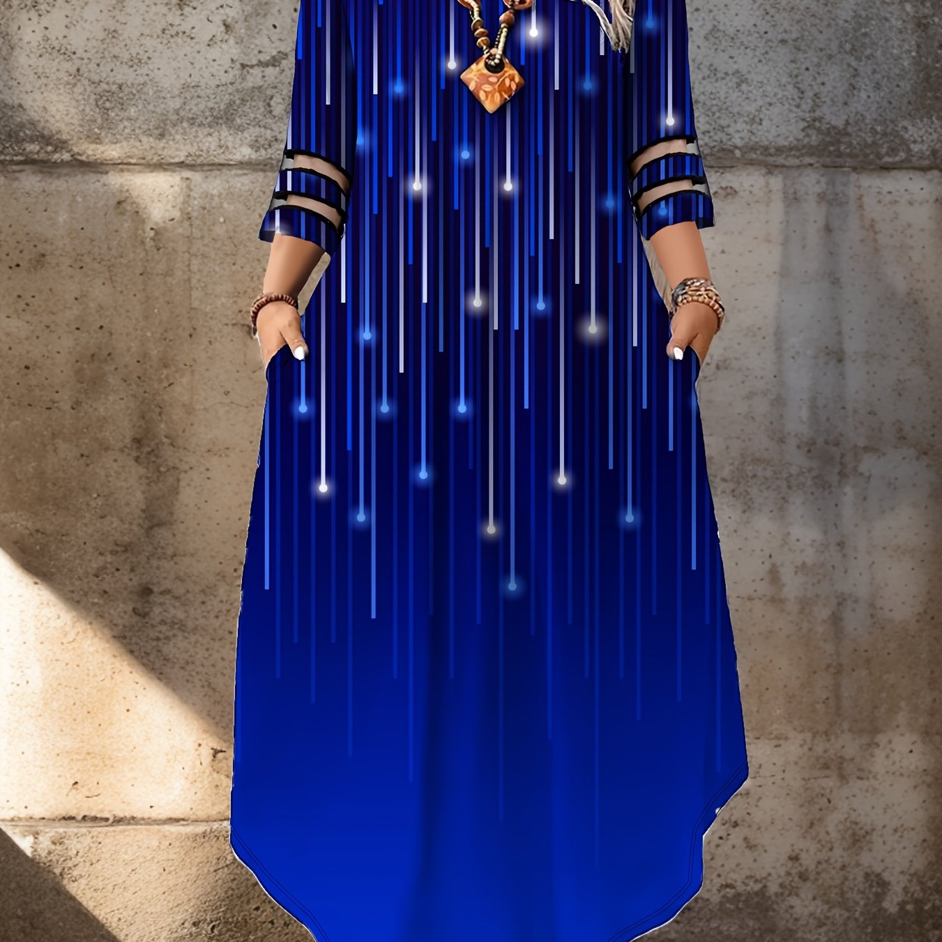 Women's Dress Mesh Panel Striped Starry Print Crew Neck 3/4 Sleeves