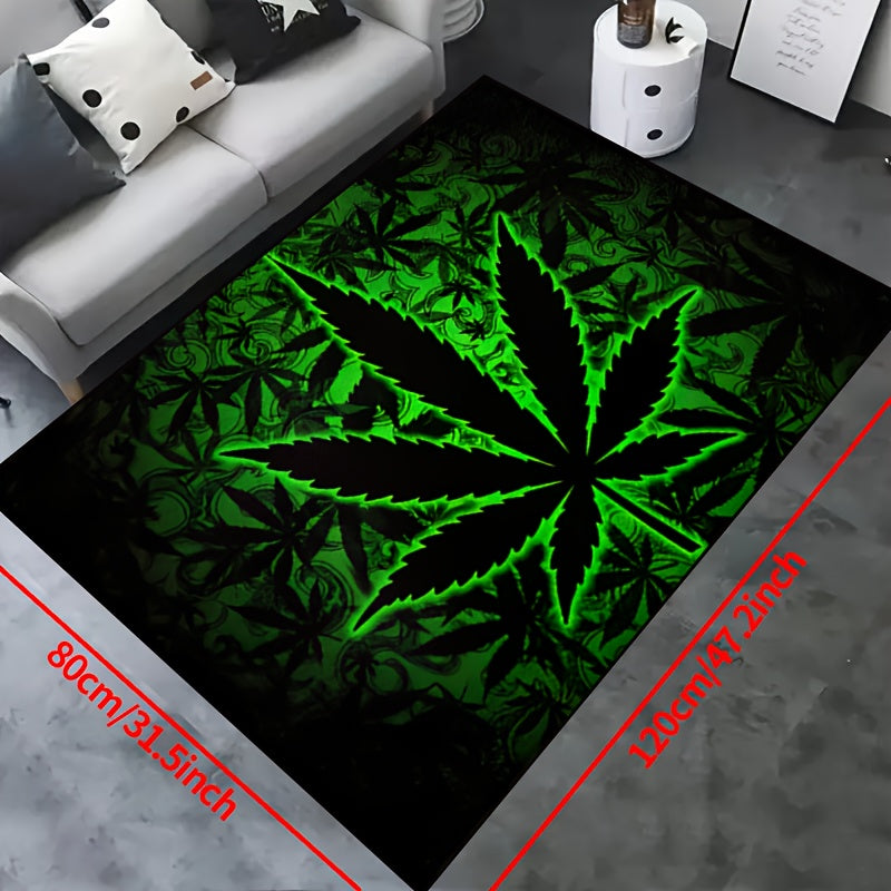 Black Background Fluorescent Marijuana Leaves Felt Rug 1000g/m² Machine Washable Multiple Sizes