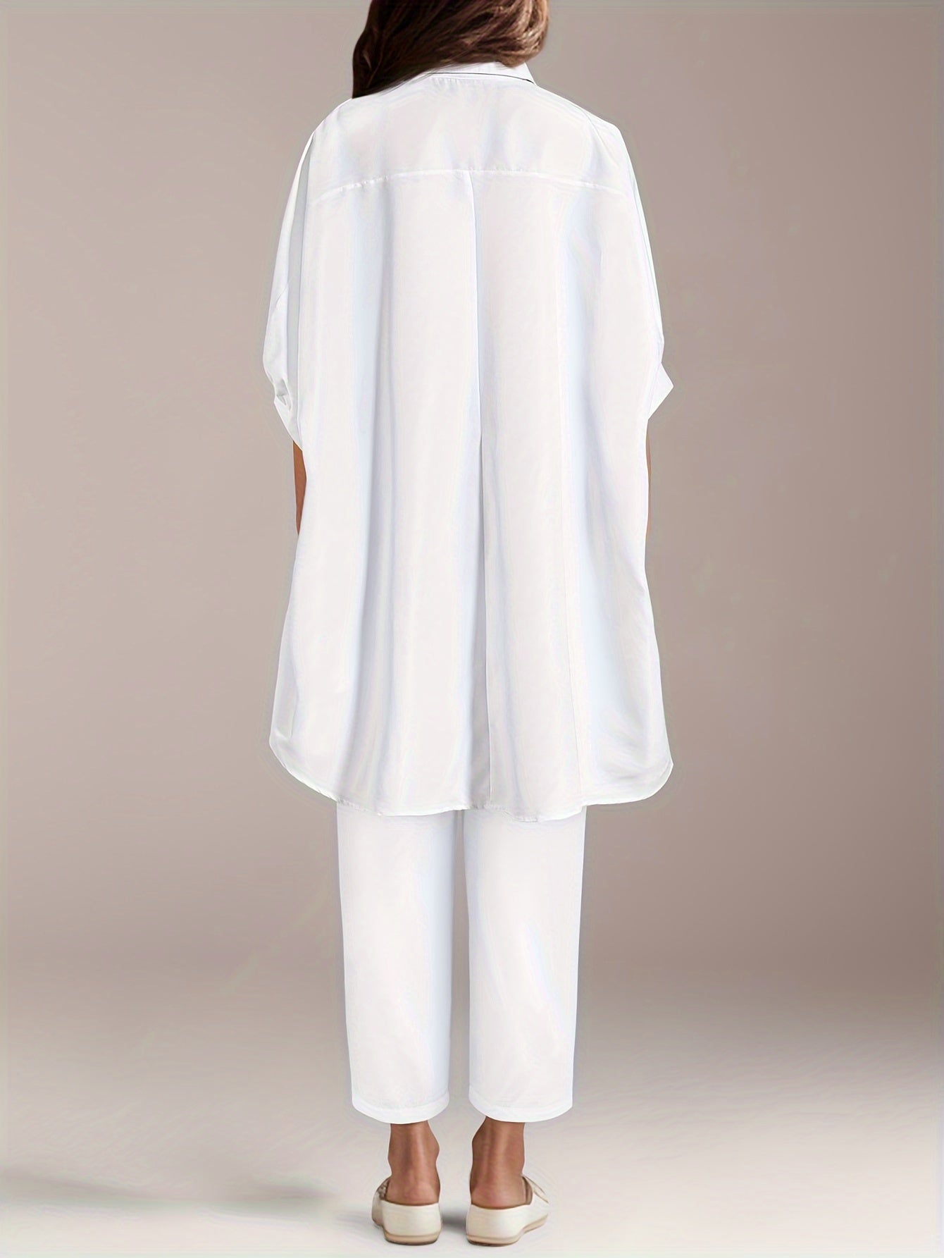 Chic ayollar uchun ikki qismli to'plam: bir rangli ko'ylak va harem shimlar - nafas oladigan polyester, mashinada yuvish mumkin.