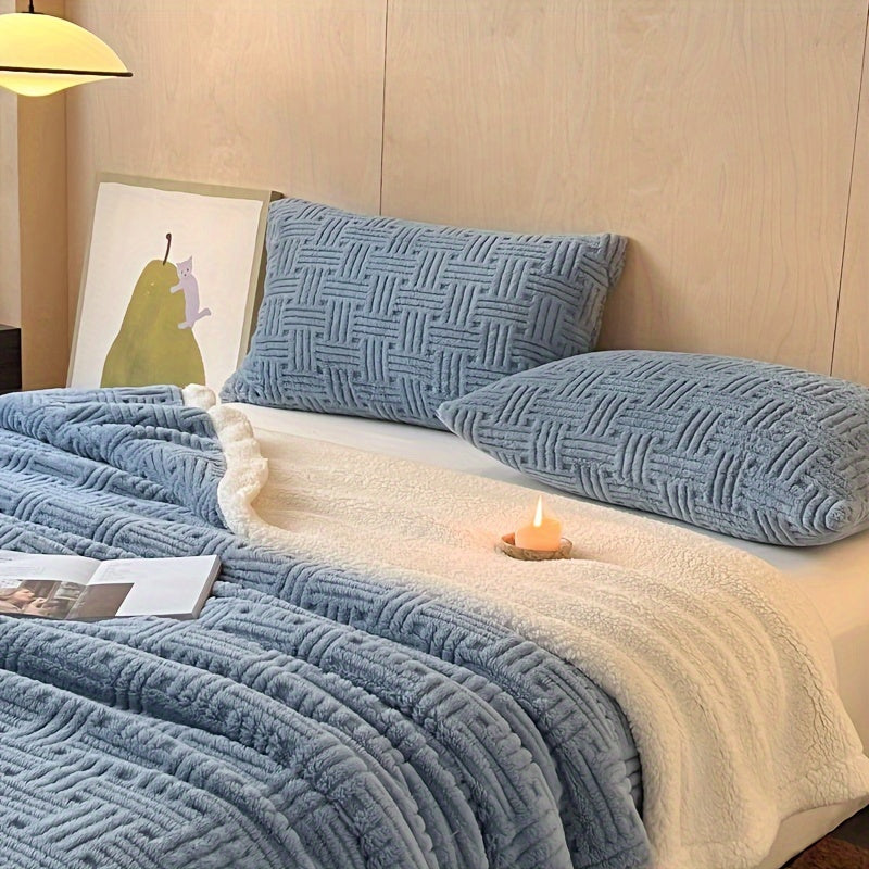 All-Season Double-Layer Velvet Bed Blanket with Faux Wool and Polyester Throw
