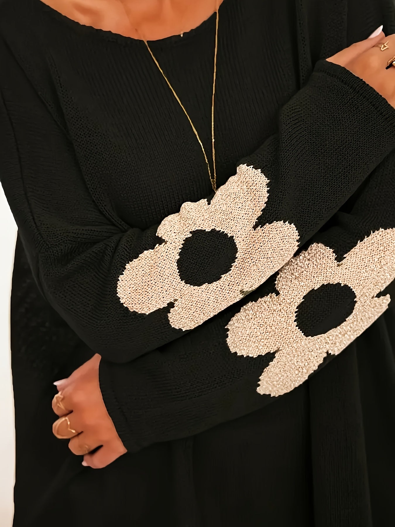 Plus Size Women's Olive Green Jacquard Sweater Long Sleeve Round Neck Autumn Winter