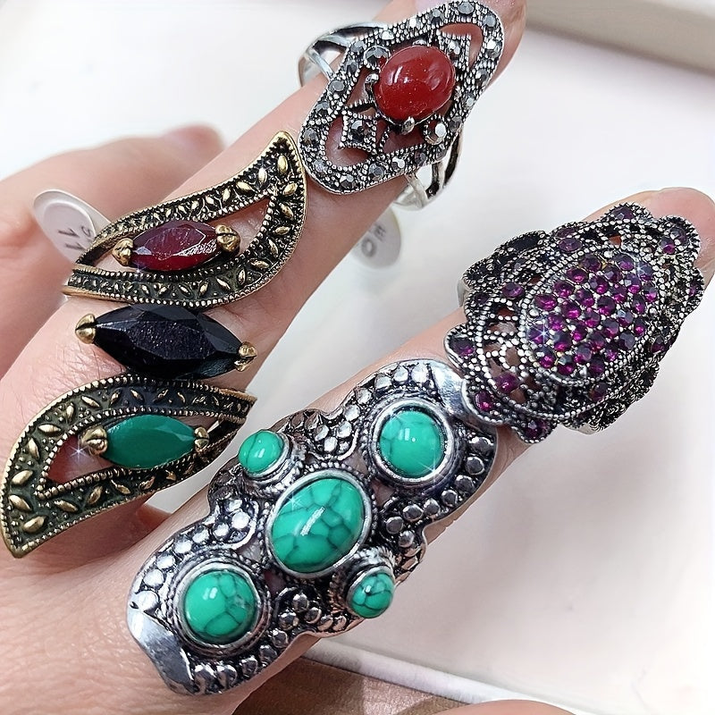 Set of 10 Vintage Synthetic Turquoise Alloy Heart Rings for Women and Girls