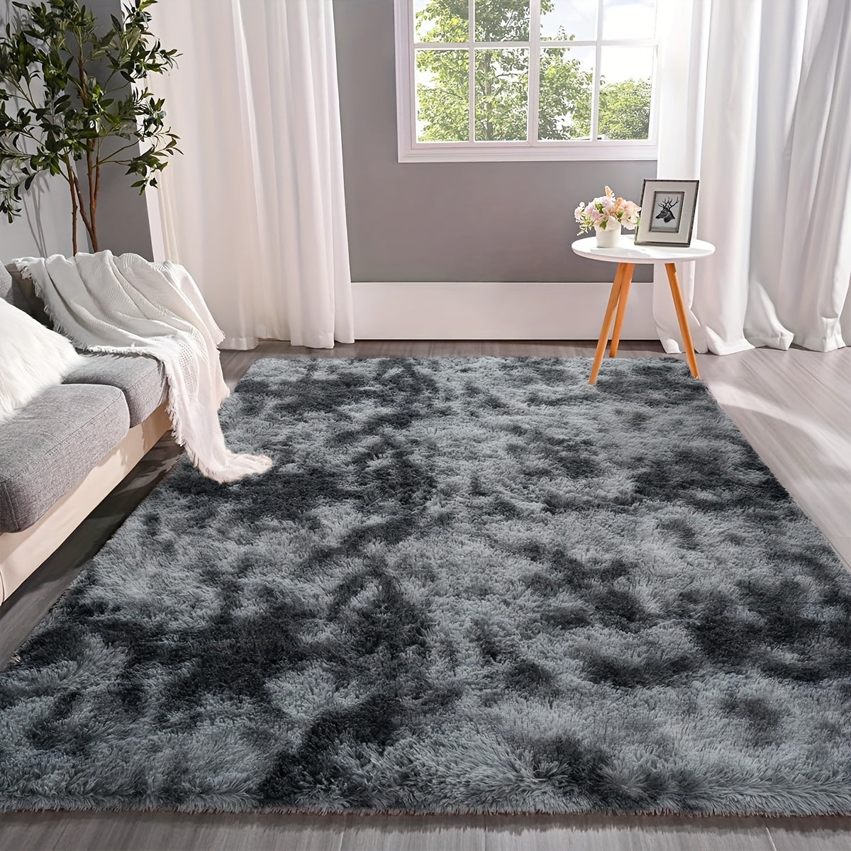 Dark Grey Tie-Dye Plush Area Mat Ultra-Soft Thick Sponge Padding for Living Room Bedroom