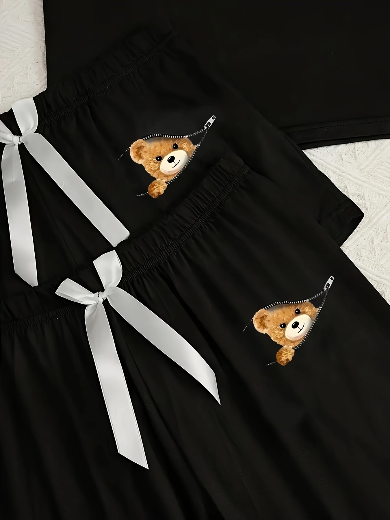 Women's Pajama Set with Zipper Bear Print Short Sleeve Top and Long Pants