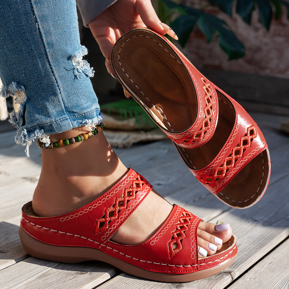 Women's Wedge Sandals Hollow-Out Slip-On Open Toe Synthetic Cover Multiple Colors