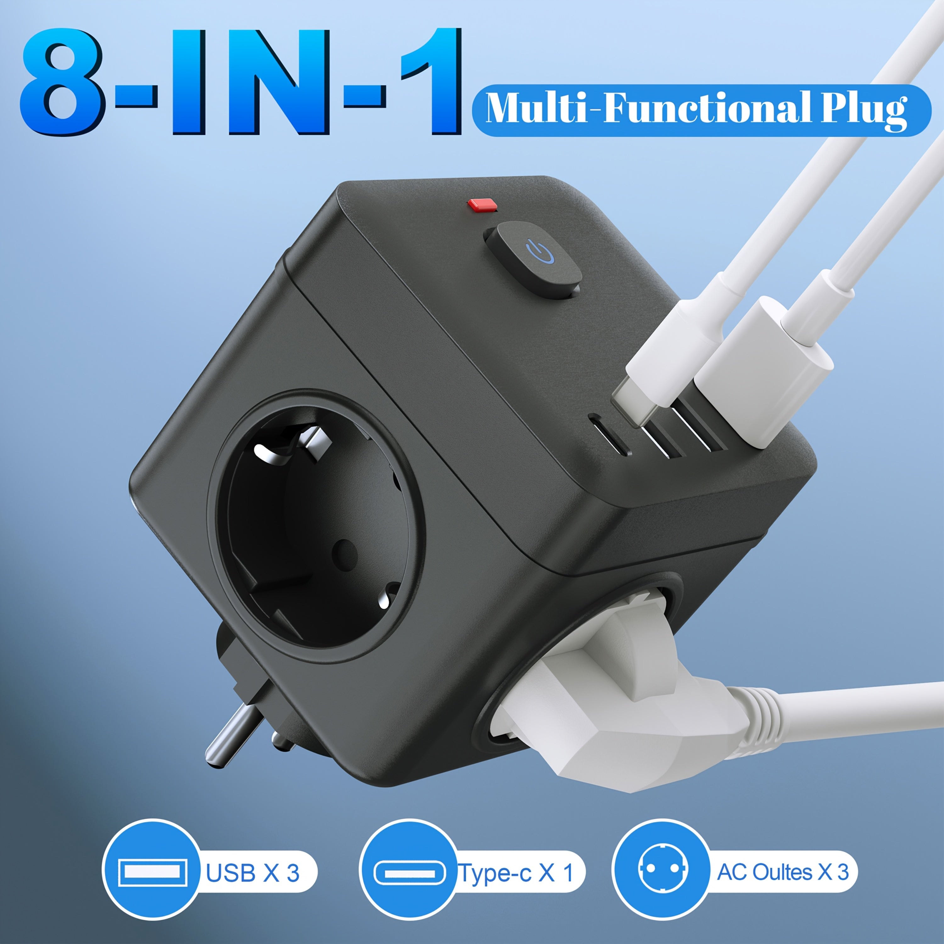 8-in-1 Power Strip with Overload Protection USB Type-C European Plug for Home Office Kitchen