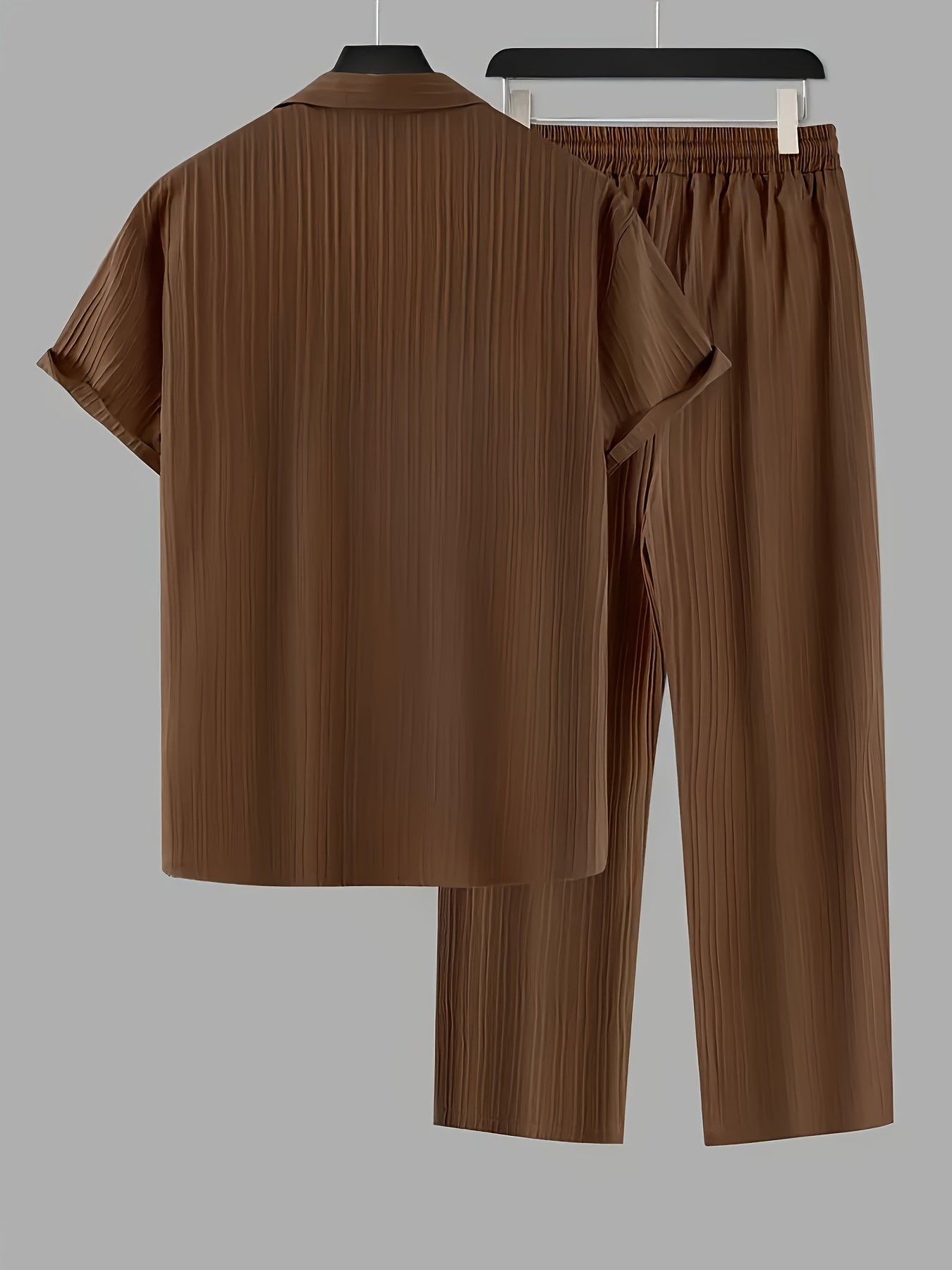 Men's Casual Set Polyester Striped Shirt with Buttons and Drawstring Pants