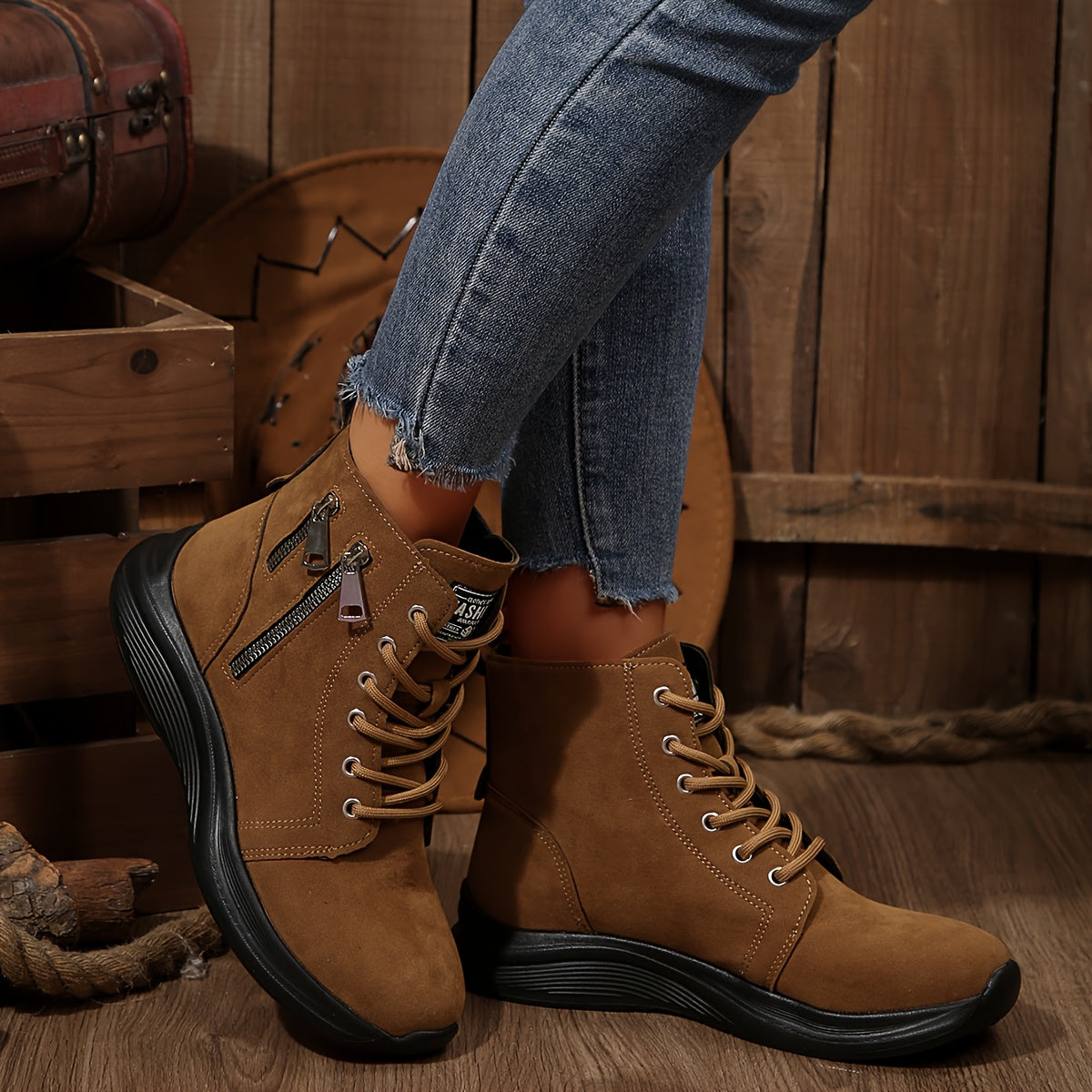 Women's Ankle Boots Solid Color Casual Lace-Up Round Toe Flat Heel