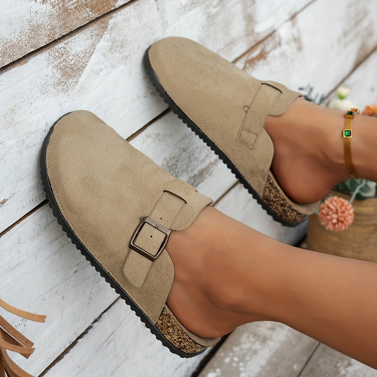 Women's Beige Fabric Slip-On Loafers with Adjustable Buckle