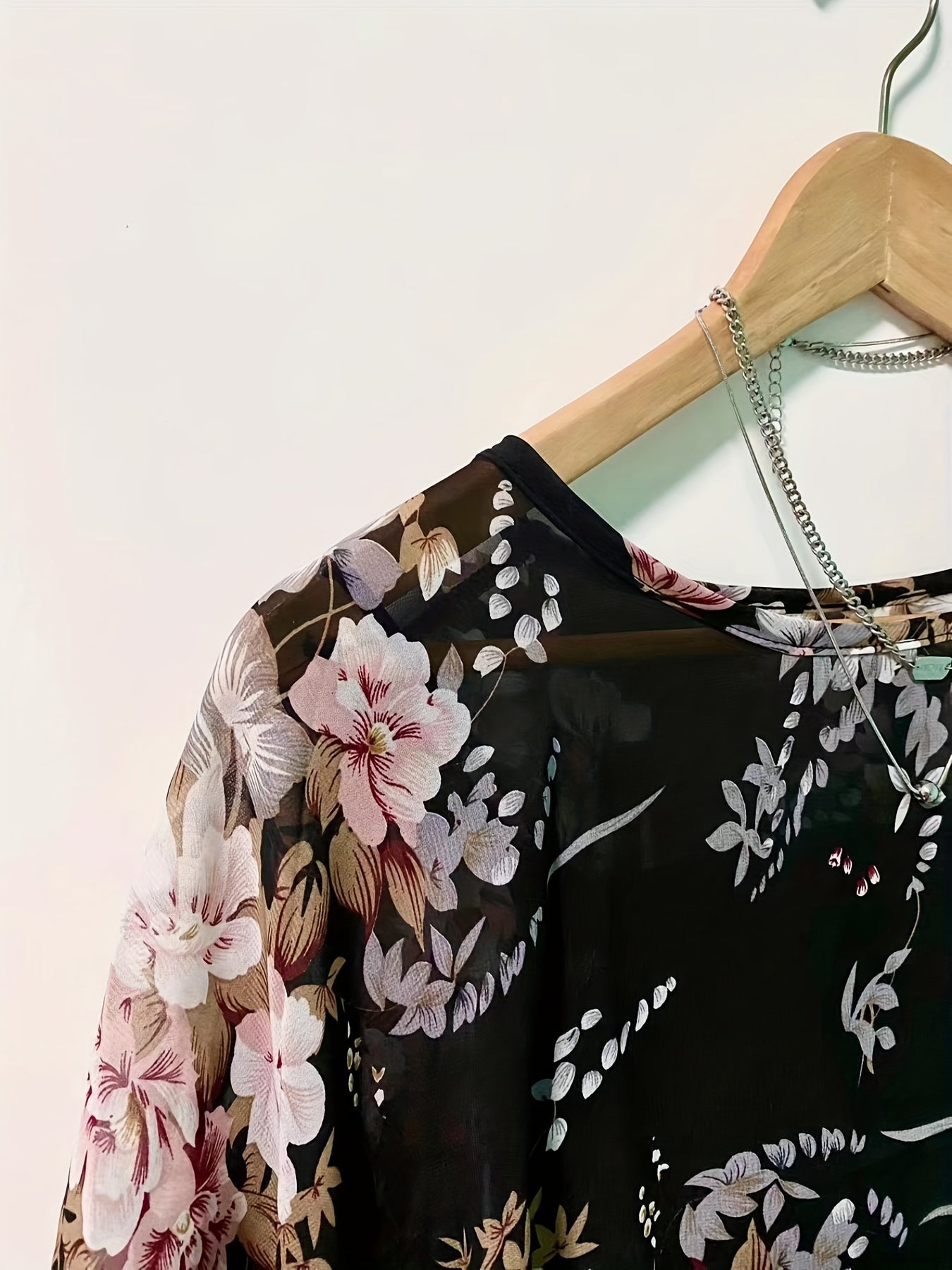 Floral Print Asymmetrical Blouse for Women Sheer Sleeves Sun Protection Beachwear