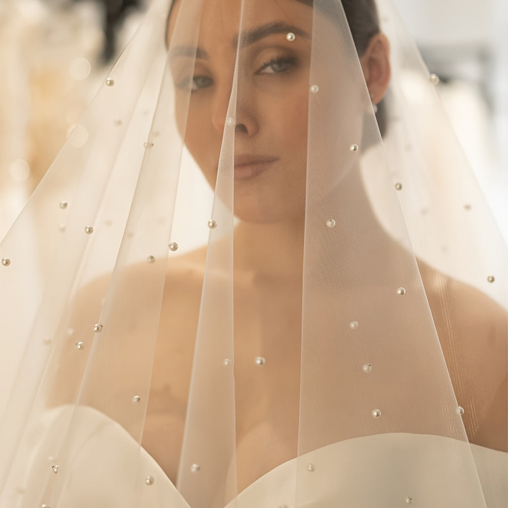 Double Pearl Veil for Brides with 2.5 Meters Length Church Ribbon Hem Hair Comb