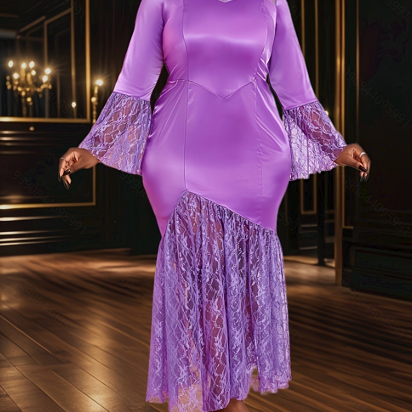 Women's Satin Lace Mermaid Evening Gown with Flared Sleeves and Round Neck