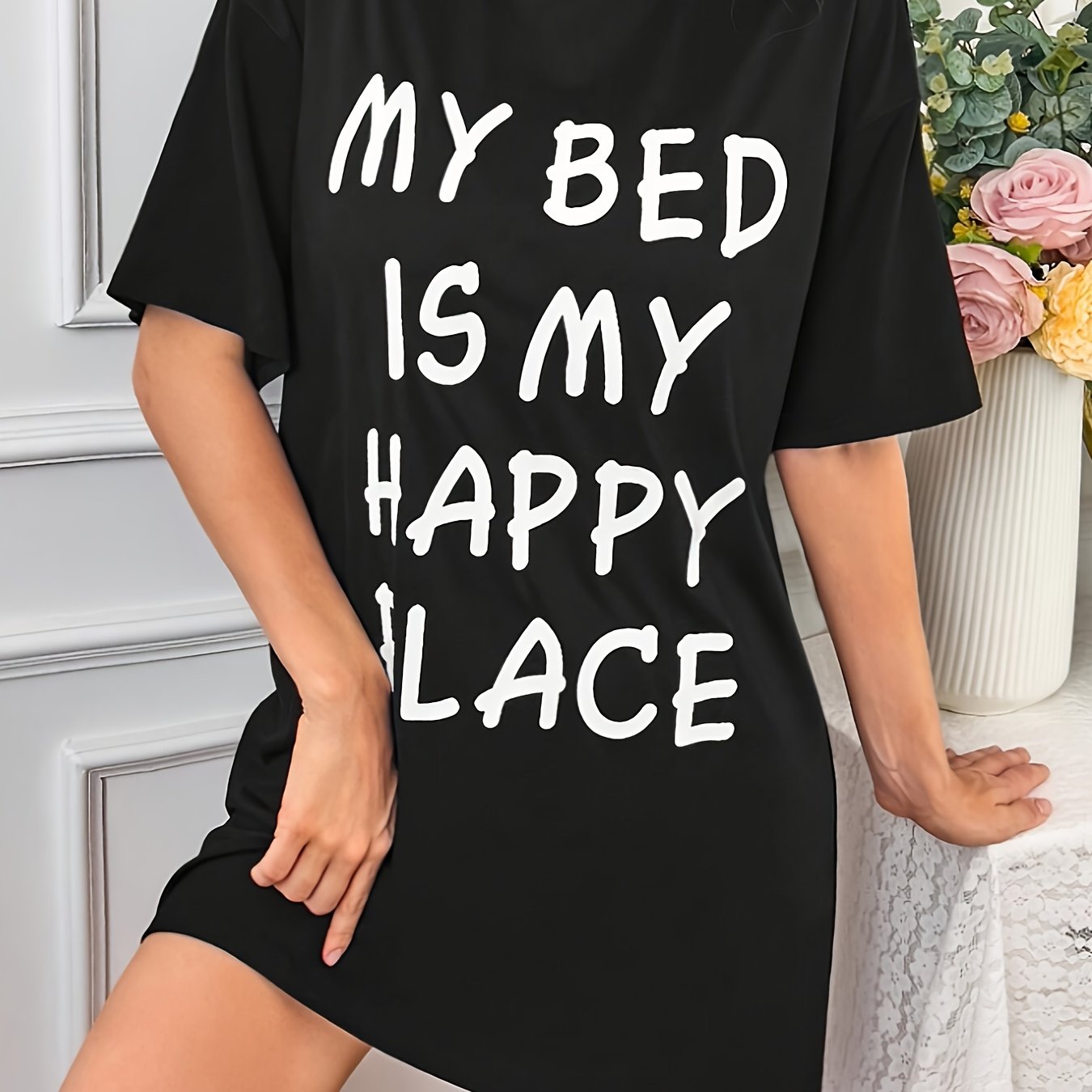 Women's Casual Sleepwear Dress with Slogan Print Short Sleeves Round Neck Nightgown