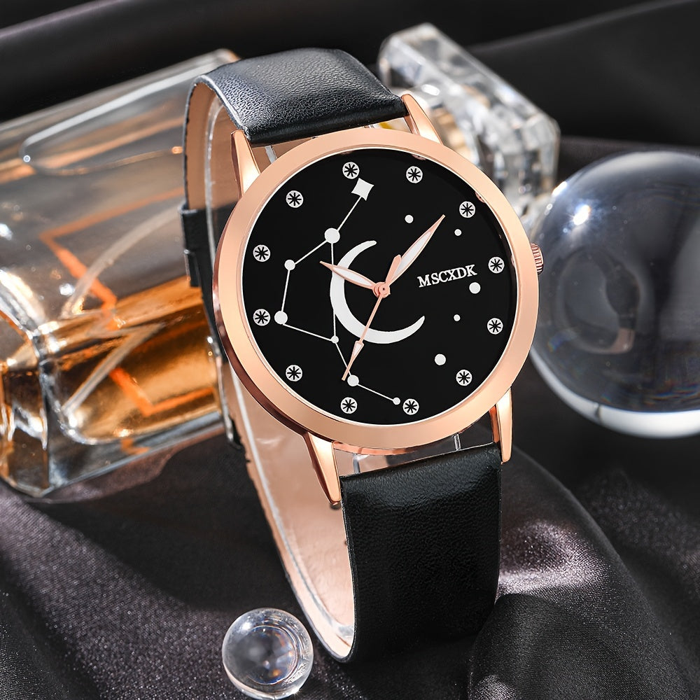 Women's 3-Piece Watch Set with Quartz Movement Faux Leather Wristwatches Wallet Glasses