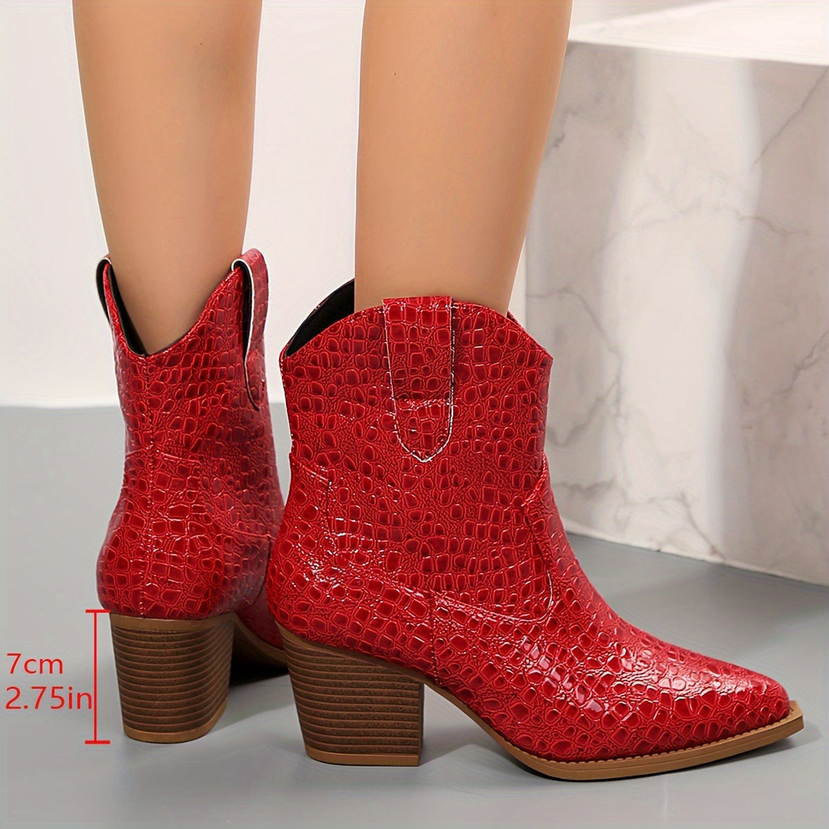 Women's Alligator-Textured Synthetic Ankle Boots Pointed Toe Chunky Heel Western