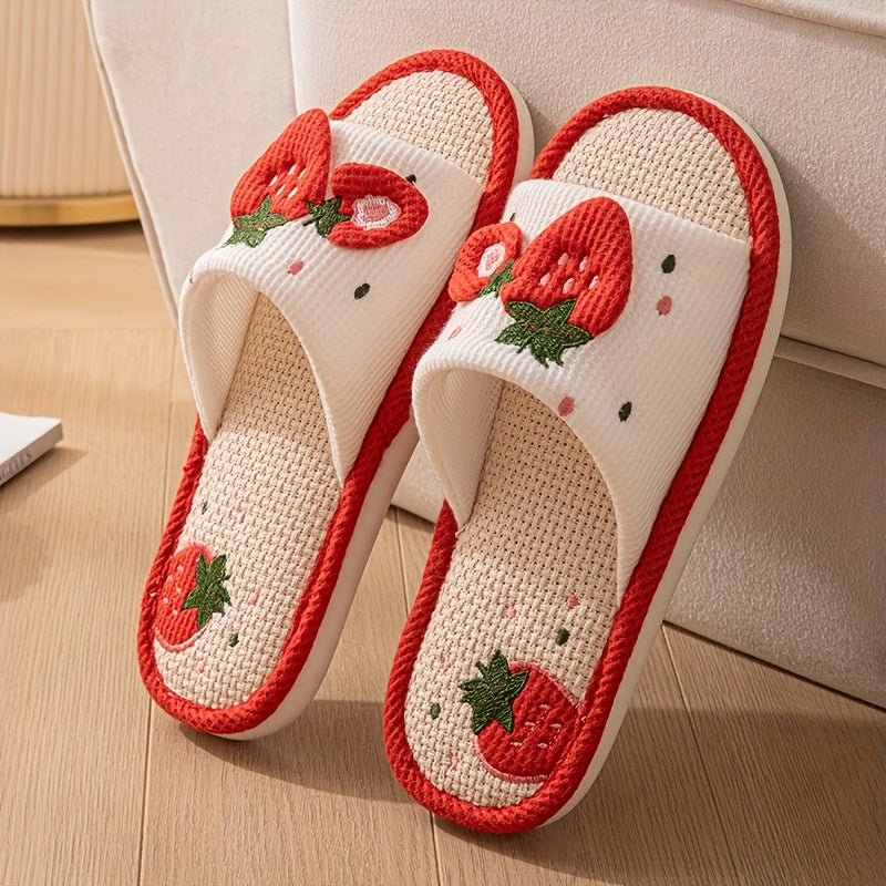 Women's Linen Slip-On Shoes with Strawberry Heart Design Indoor Non-Slip