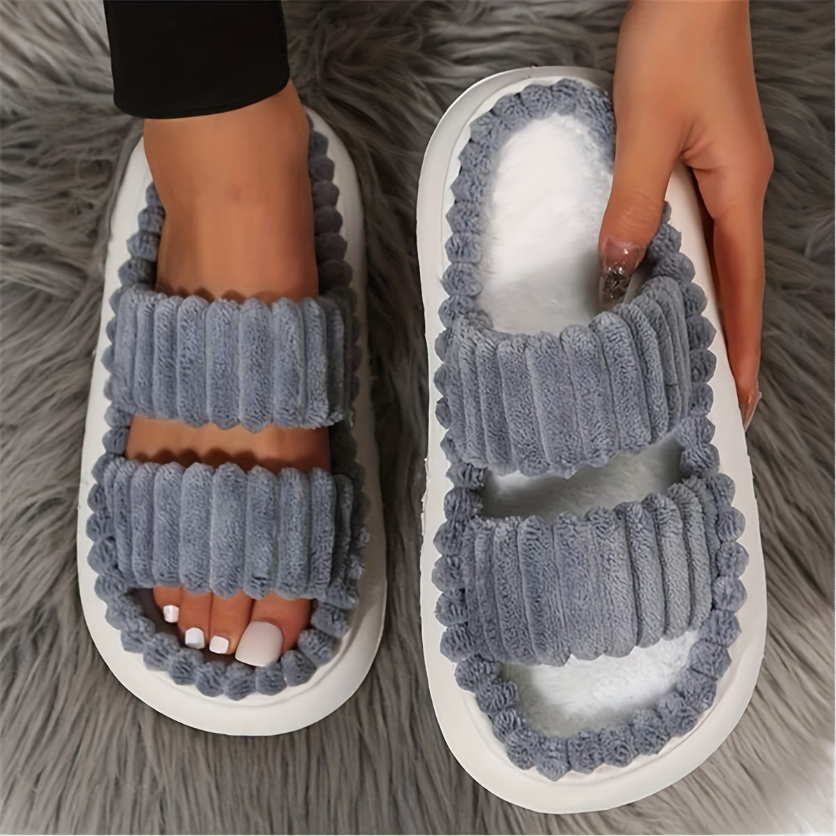 Women's Plush Slippers Open Toe Non Slip Indoor Platform Slides