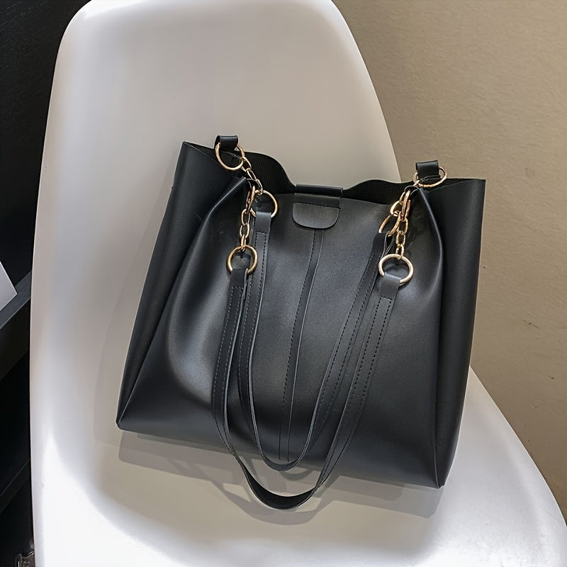 Bolso tote acolchado de PU de gran capacidad para mujer con cierre magnético negro
